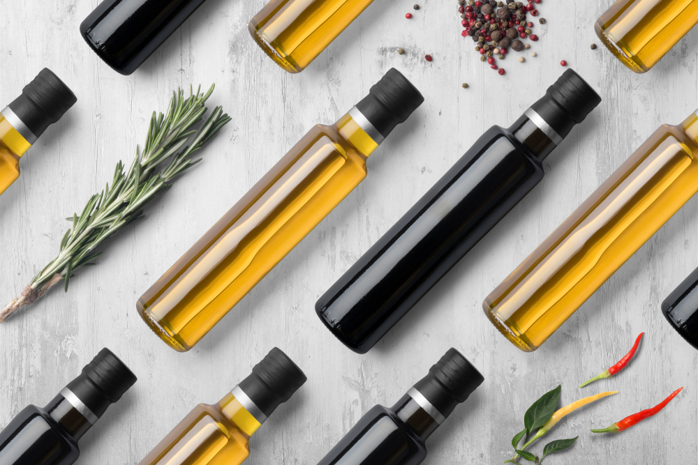 Oil,Vinegar,Bottles,Composition,Mockup,On,White,Wooden,Background,,With